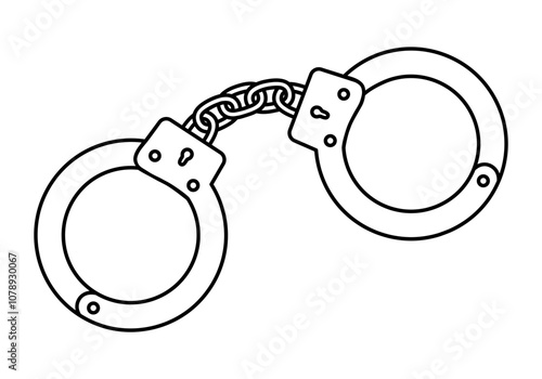 Hand drawn cute outline illustration of handcuffs. Flat vector arrest for crime in line art doodle style. Slavery or habit icon or print. Justice and law concept. Metal chain for prisoner. Isolated.