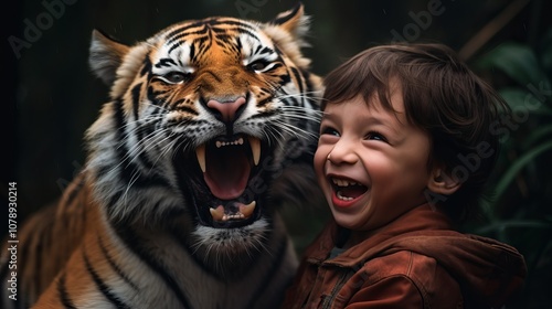 A young boy laughs as a tiger growls in the background. The photo captures the child's carefree joy and the tiger's wild nature.