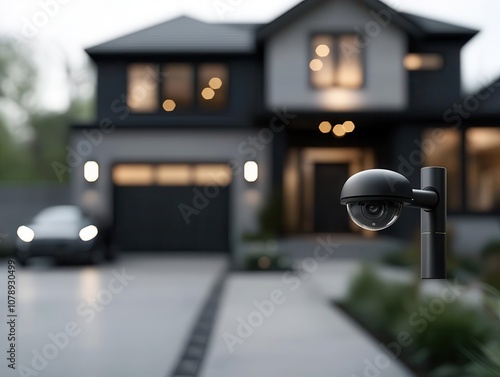 Luxury home with sleek closedcircuit cameras tracking motion near the driveway, realtime footage streamed on a control panel, soft afternoon light photo