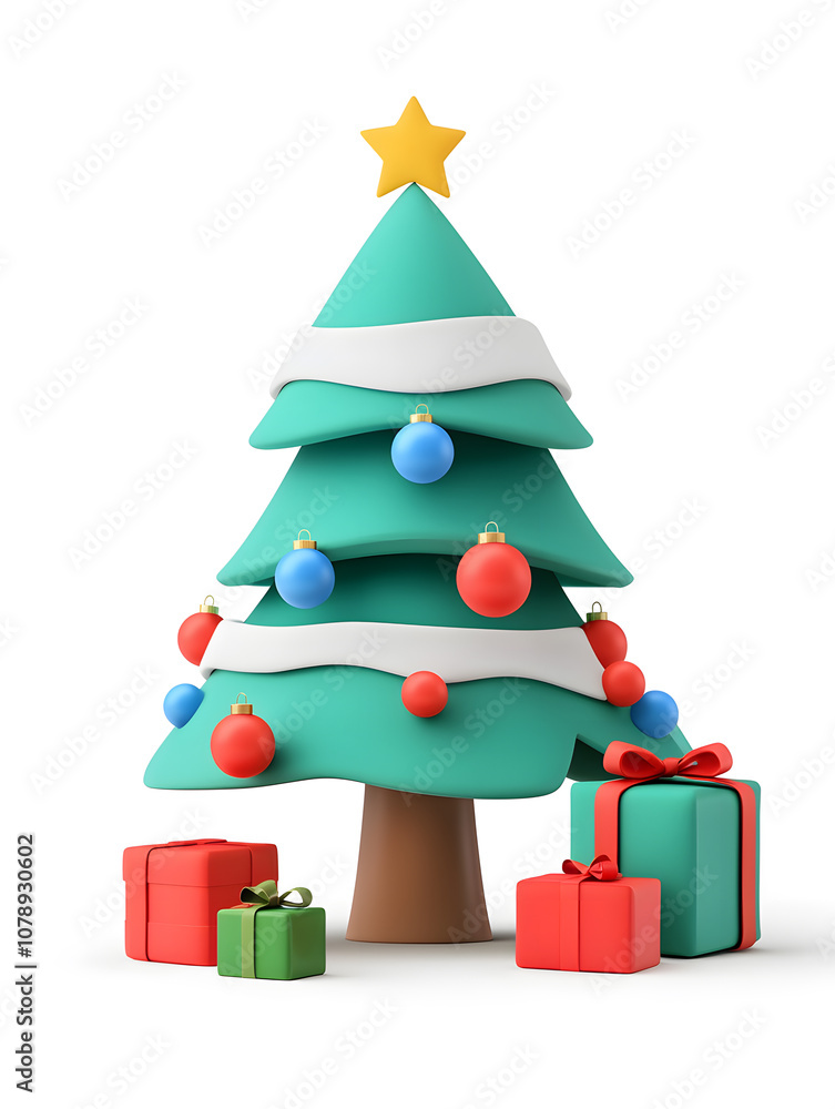 3d Cute Christmas tree decorated with balls isolated on white or transparent background. Holiday winter season decor