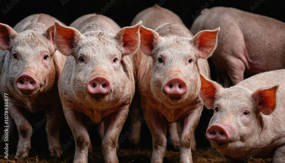 Five pigs stand close together, looking directly at the camera, in a dark barn Five pigs stand close together, looking directly at the camera, in a dark barn