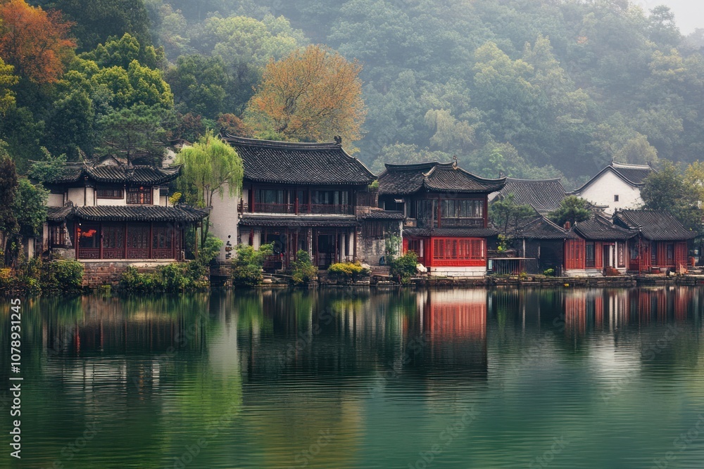 Obraz premium Traditional Chinese houses on lakeside with lush green forest and reflections in water. Scenic cultural heritage concept