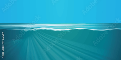 A clean and vibrant vector illustration of a calm sea with gentle waves, featuring a seamless horizon line under a clear blue sky. Ideal for backgrounds, designs, or ocean-themed concepts.