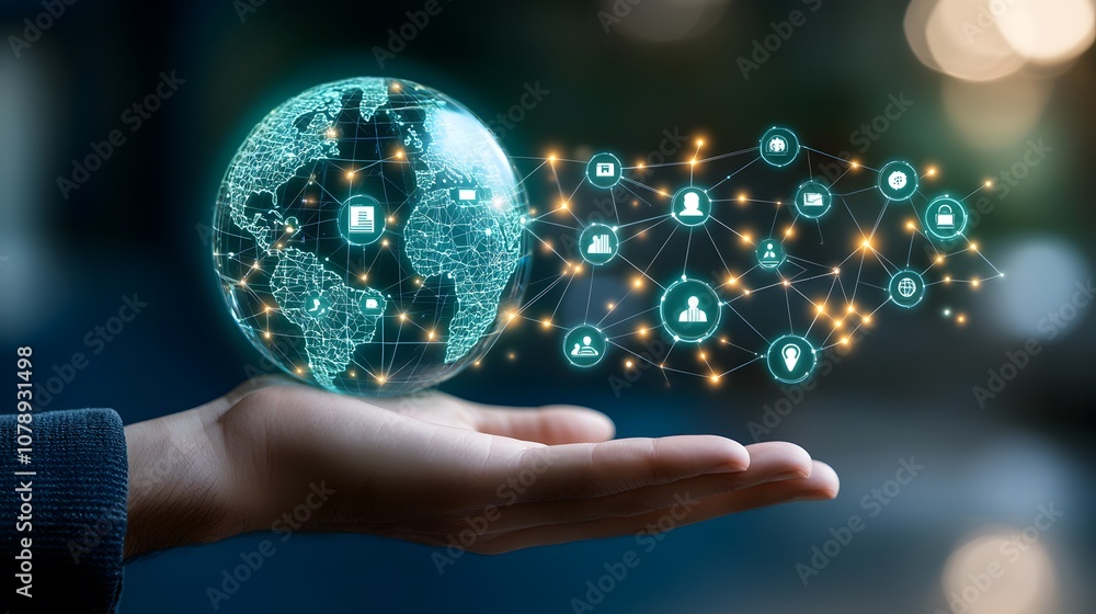 Global Network Connection Hand Holding Digital World Map Global Network Connection Hand Holding Digital World Map