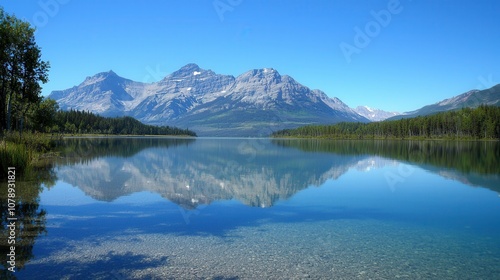 Serene Mountain Landscape Reflecting in Calm Lake Waters Surrounded by Lush Green Forest Under Clear Blue Sky