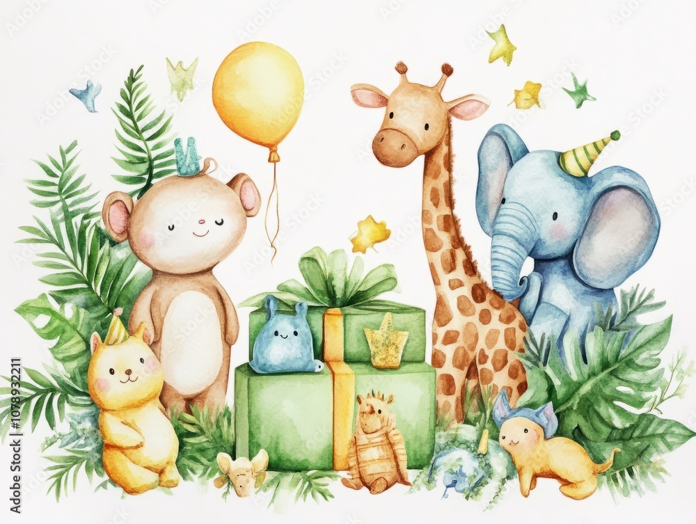 Fototapeta premium Beautiful birthday card design with watercolor animals and ecological toys