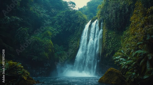Majestic waterfall cascading down lush green cliffs surrounded by vibrant foliage and serene natural beauty in a tranquil forest setting