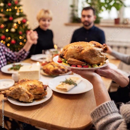 Selective focus on people holding with hands, praying before eating. Family sitting behind served dinner table with homemade food, spending time together, celebrating catholic christmas. Polish holida photo