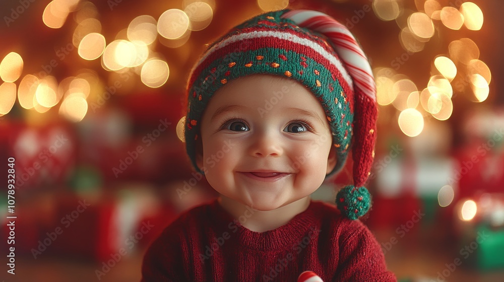 Cheerful Hispanic baby wearing a tiny elf hat and holding festive candy cane during the holidays Cheerful Hispanic baby wearing a tiny elf hat and holding festive candy cane during the holidays