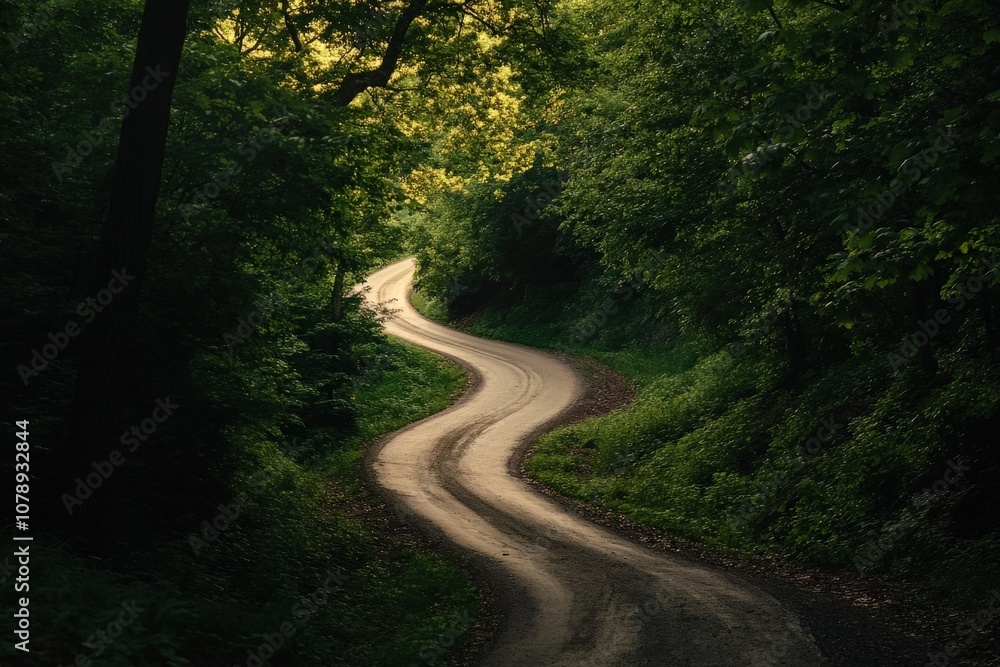 Curving Road Through Dense Green Forest Landscape Curving Road Through Dense Green Forest Landscape