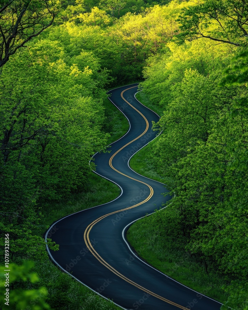 Curving Road Through Dense Green Forest Landscape Curving Road Through Dense Green Forest Landscape