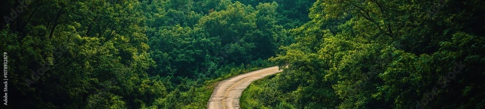 Curving Road Through Dense Green Forest Landscape Curving Road Through Dense Green Forest Landscape