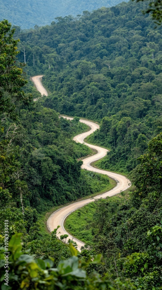 Curving Road Through Dense Green Forest Landscape Curving Road Through Dense Green Forest Landscape