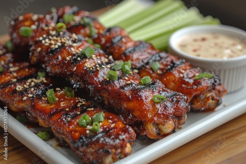 Korean-style chicken wings with a sticky, spicy gochujang glaze. Generative AI