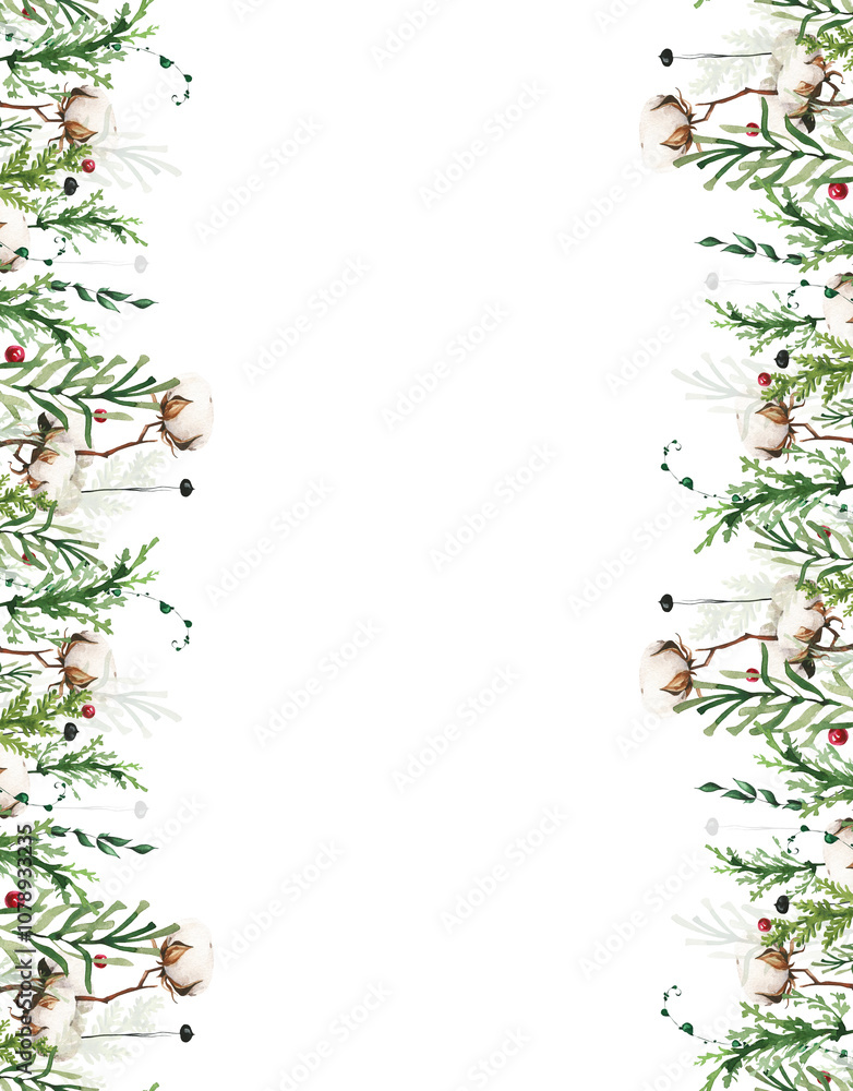 Fototapeta premium Watercolor Christmas evergreen branches seamless border with cotton flower, thuja, black twigs. Red cranberries. Winter bouquet. New Year hand drawn illustration. Artistic template design.