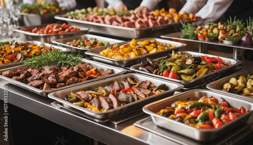 Indoor Catering Buffet with a Wide Variety of Foods in a Restaurant Setting. 