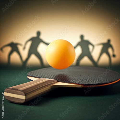 a vintage-inspired image of a ping pong ball resting on a wooden paddle, ping pong, table tennis, ball, paddle, vintage, retro, egg, sphere, orange, food, 3d, table, easter, design, breakfast, reflect photo