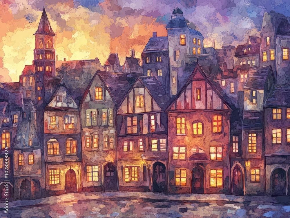 Beautiful fantasy city buildings at evening time background animation in anime or cartoon watercolor painting illustration style. anime illustrations. Illustrations Beautiful fantasy city buildings at evening time background animation in anime or cartoon watercolor painting illustration style. anime illustrations. Illustrations