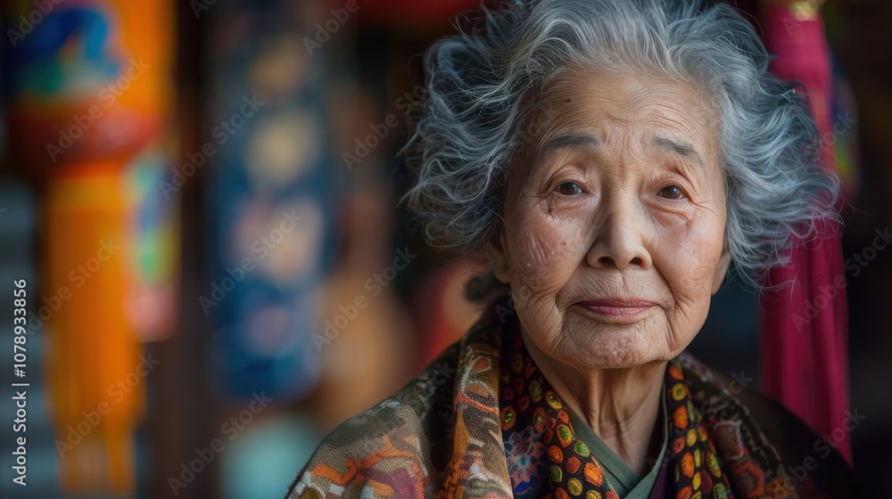 Against a colorful backdrop, a thoughtful elderly woman's contemplative pose reflects on a lifetime of memories and lessons learned Against a colorful backdrop, a thoughtful elderly woman's contemplative pose reflects on a lifetime of memories and lessons learned