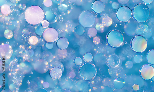 An abstract background featuring a glossy surface covered with iridescent bubbles in various sizes