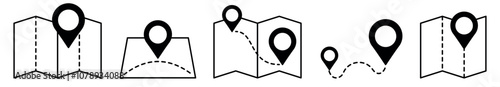 Map and location symbols set. Geolocation map distance path. Location icon. Location pin place marker.Pinpoint, map search, route, navigator. Vector illustration
