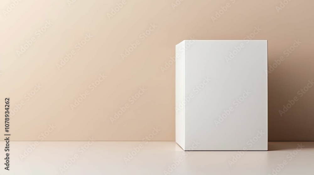 Mockup product concept, A minimalist white box rests on a smooth surface against a warm beige wall, creating a calm and simple aesthetic. Mockup product concept, A minimalist white box rests on a smooth surface against a warm beige wall, creating a calm and simple aesthetic.