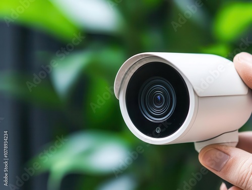 Home entrance with sleek security cameras above the door, motion detected as a delivery arrives, footage displayed on a smart home panel