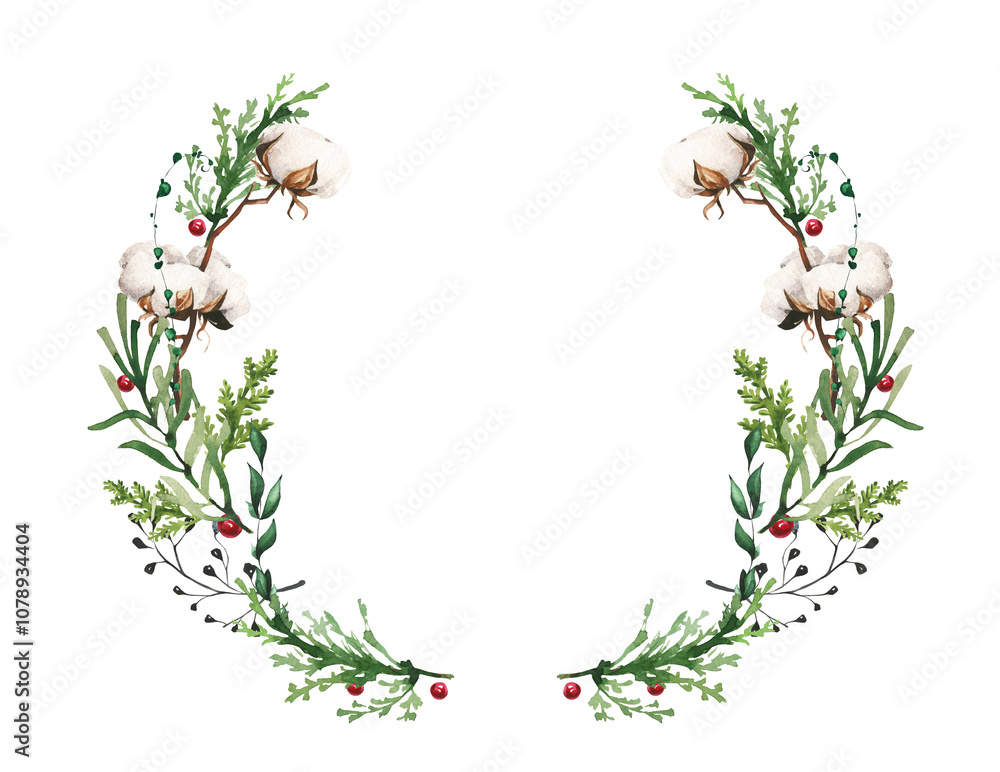 Watercolor Christmas evergreen branches simicircle symmetric wreath frame with cotton flower, thuja branches, black twigs. New Year hand drawn illustration. Artistic template design.