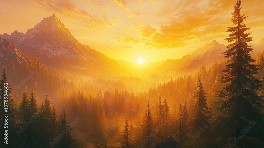 Golden sunset over a misty mountain valley. Golden sunset over a misty mountain valley.