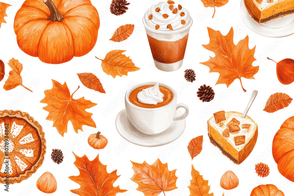 A warm and cozy seamless pattern that includes charming orange-framed pumpkins, richly colored autumn leaves, decadent slices of pumpkin pie, and inviting cups of pumpkin spice lattes. A warm and cozy seamless pattern that includes charming orange-framed pumpkins, richly colored autumn leaves, decadent slices of pumpkin pie, and inviting cups of pumpkin spice lattes.
