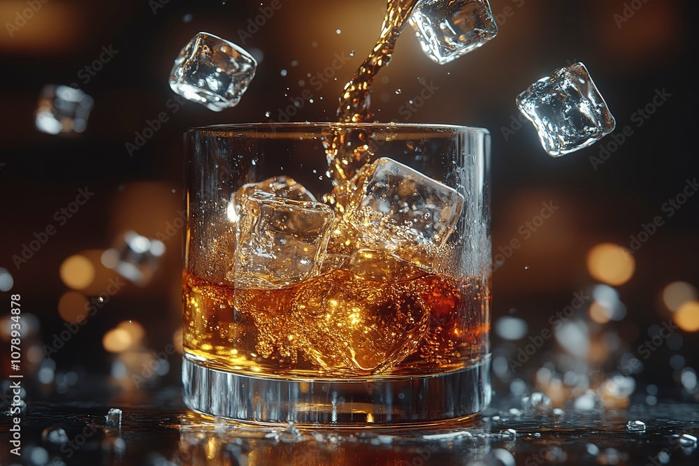 A glass of liquor with ice cubes in it A glass of liquor with ice cubes in it