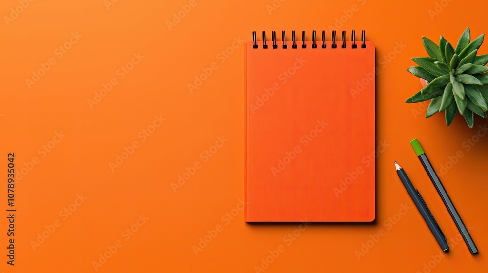 Mockup product concept, A vibrant orange background features a notepad, two pens, and a small green plant, creating a lively and creative workspace. Mockup product concept, A vibrant orange background features a notepad, two pens, and a small green plant, creating a lively and creative workspace.