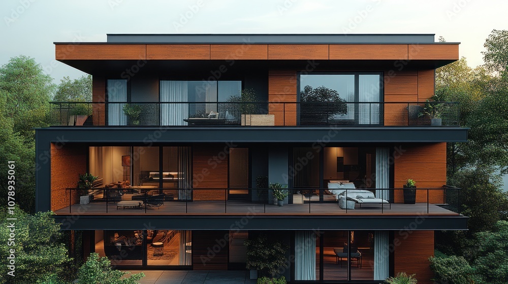Modern multi-level house with wooden exterior and balcony views. Modern multi-level house with wooden exterior and balcony views.