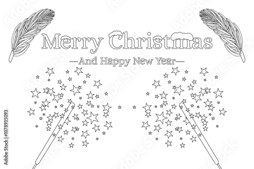 Festive Christmas and New Years Eve coloring page featuring sparklers, stars, and pine branches, perfect for holiday crafts and decor.