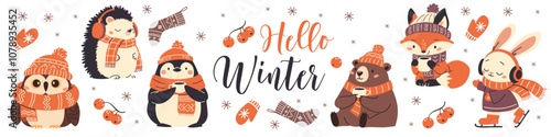 Set of flat vector illustrations on white background. It says hello winter, animals in warm scarves and hats drinking tea. Penguin fox bear bear hare hare owl hedgehog. Vector illustration