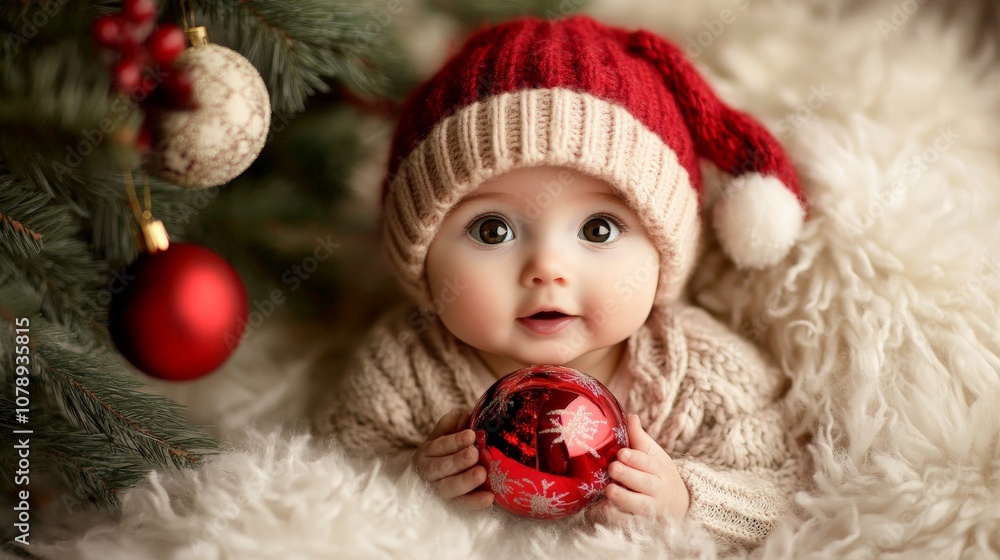 Adorable baby with santa hat holding christmas ornament under festive tree