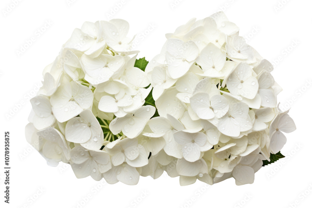 A serene scene featuring a bouquet of white hydrangeas with droplets of water clinging to the petals, symbolizing the rainy season. The delicate blossoms are arranged artistically