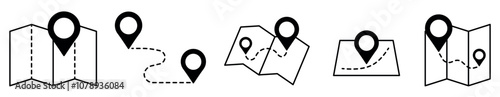 Map and location symbols set. Geolocation map distance path. Location icon. Location pin place marker.Pinpoint, map search, route, navigator. Vector illustration
