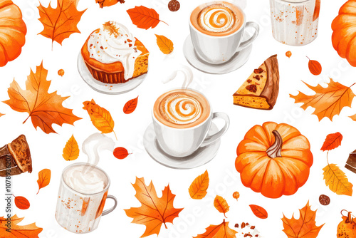 Fototapeta Naklejka Na Ścianę i Meble -  A seamless pattern featuring orange-framed pumpkins, autumn leaves in vibrant hues, slices of pumpkin pie, and steaming cups of pumpkin spice lattes. 