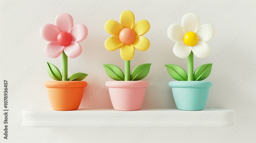 Colorful toy flowers in pots on shelf closeup image. Children decor. Floral display. Pastel-colored flowerpots close up photography. Playful modern aesthetic concept photo realistic Colorful toy flowers in pots on shelf closeup image. Children decor. Floral display. Pastel-colored flowerpots close up photography. Playful modern aesthetic concept photo realistic