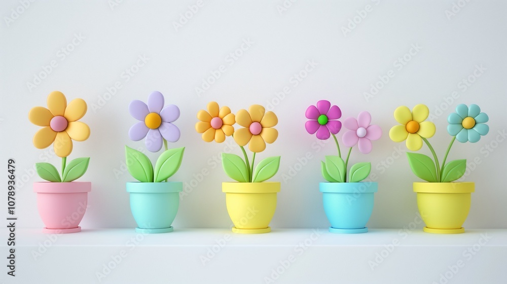 Obraz premium Assorted potted flowers in soft pastel plastic closeup image. Row of five flowerpots close up photography. Spring-themed decor. Playful modern aesthetic concept photo realistic