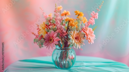 Wallpaper Mural Colorful floral arrangement in glass vase against pastel gradient closeup image. Dreamy spring-inspired vibe close up photography. Home decor. Flowers bouquet concept photo realistic Torontodigital.ca