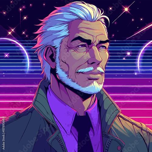 Portrait of a stylish senior man wearing trench coat and tie against a colorful 1980s synthwave background