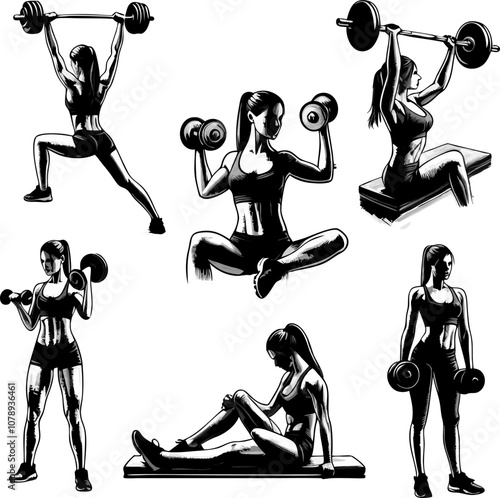 Black and white drawings of women demonstrating different weightlifting movements
