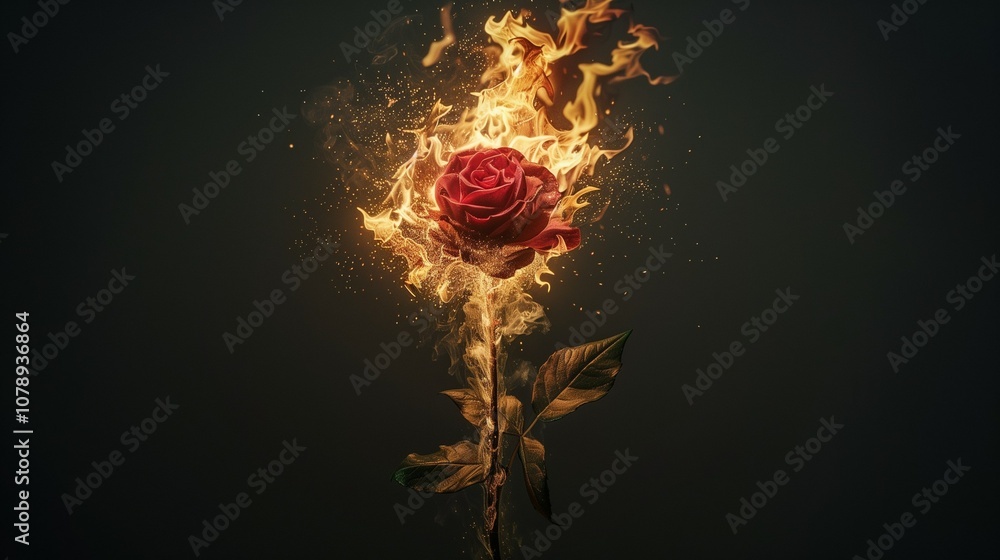 Vibrant red rose engulfed in flames against dark background closeup image. Burning flower close up photography. Fire glow, scattered sparks. Passion and intensity concept photo realistic