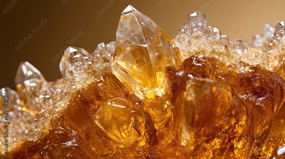 Yellow crystal in cetrine druse. The concept of geology or mineralogy. Illustration for banner, poster, cover, brochure or presentation. Yellow crystal in cetrine druse. The concept of geology or mineralogy. Illustration for banner, poster, cover, brochure or presentation.