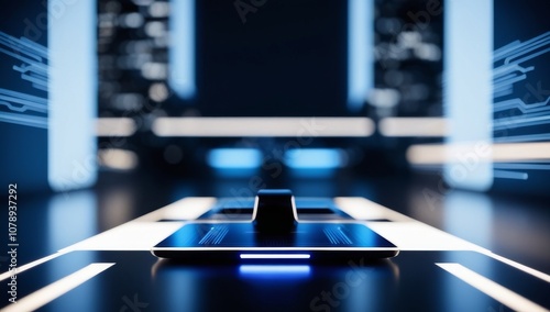 Abstract charging station with a modern, futuristic arch design stands out against a blurred tech-themed blue background photo