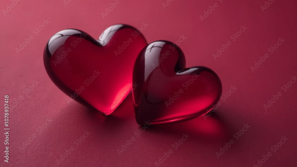 Two transparent red hearts on a matte red background, on the right there is an empty space for text. Greeting card, banner, Valentine's Day. Two transparent red hearts on a matte red background, on the right there is an empty space for text. Greeting card, banner, Valentine's Day.