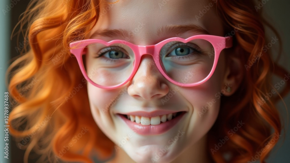 Beautiful red-haired curly cheerful girl in pink heart-shaped glasses, close-up. Banner. Beautiful red-haired curly cheerful girl in pink heart-shaped glasses, close-up. Banner.
