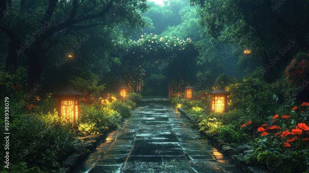 Obraz premium Serene garden pathway illuminated by lanterns amidst lush greenery.